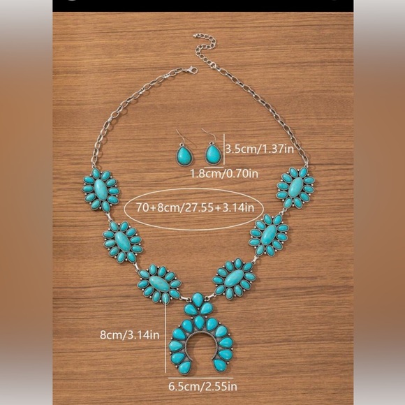 New Faux Turquoise Floral Squash Blossom Western Boho Necklace and Earring Set - Picture 5 of 10
